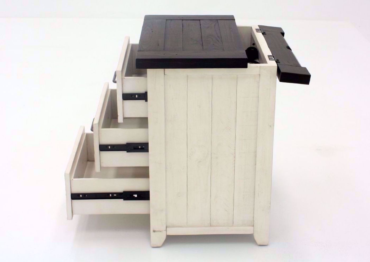 Antique White Madison County Nightstand Showing the Side View With the Drawers Open | Home Furniture Plus Mattress