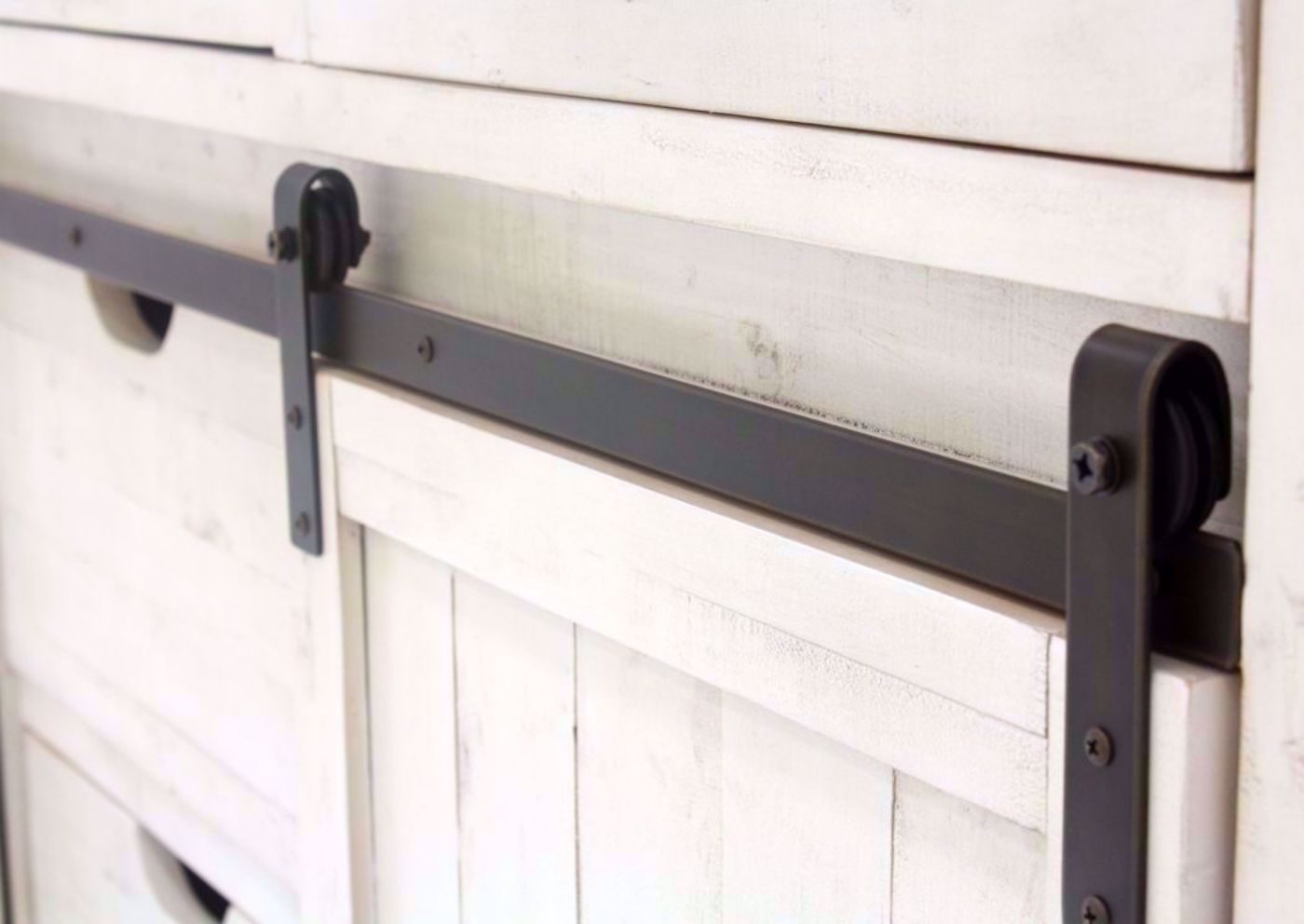 Antique White and Brown Madison County Bedroom Set Showing the Barn Door Hardware on the Dresser | Home Furniture Plus Bedding