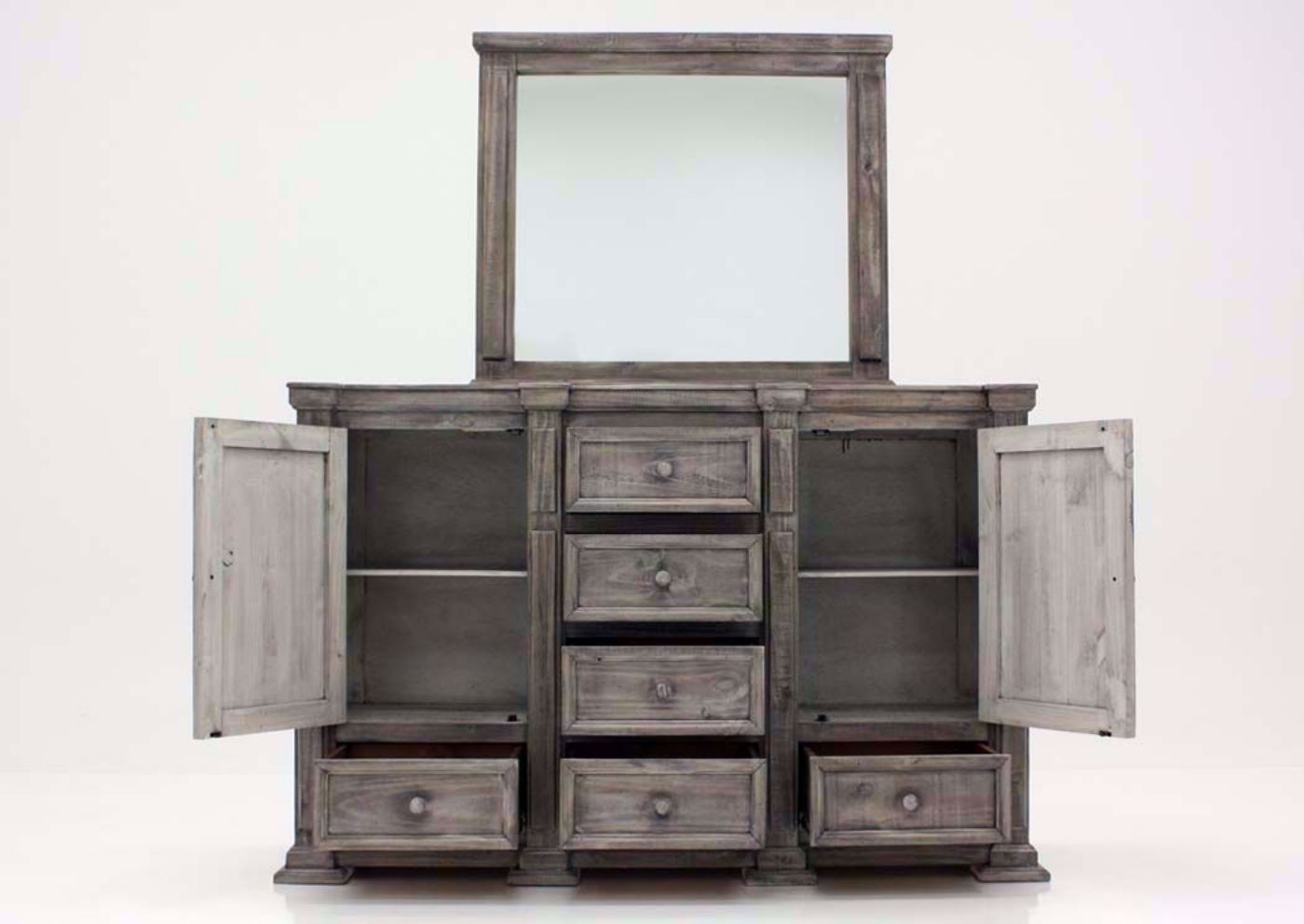 Weathered Gray Maverick Dresser with Mirror Facing Front With the Doors and Drawers Open | Home Furniture Plus Bedding