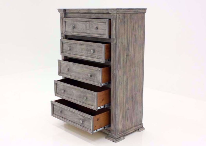 Weathered Gray Maverick Chest of Drawers at an Angle With the Drawers Open | Home Furniture Plus Bedding