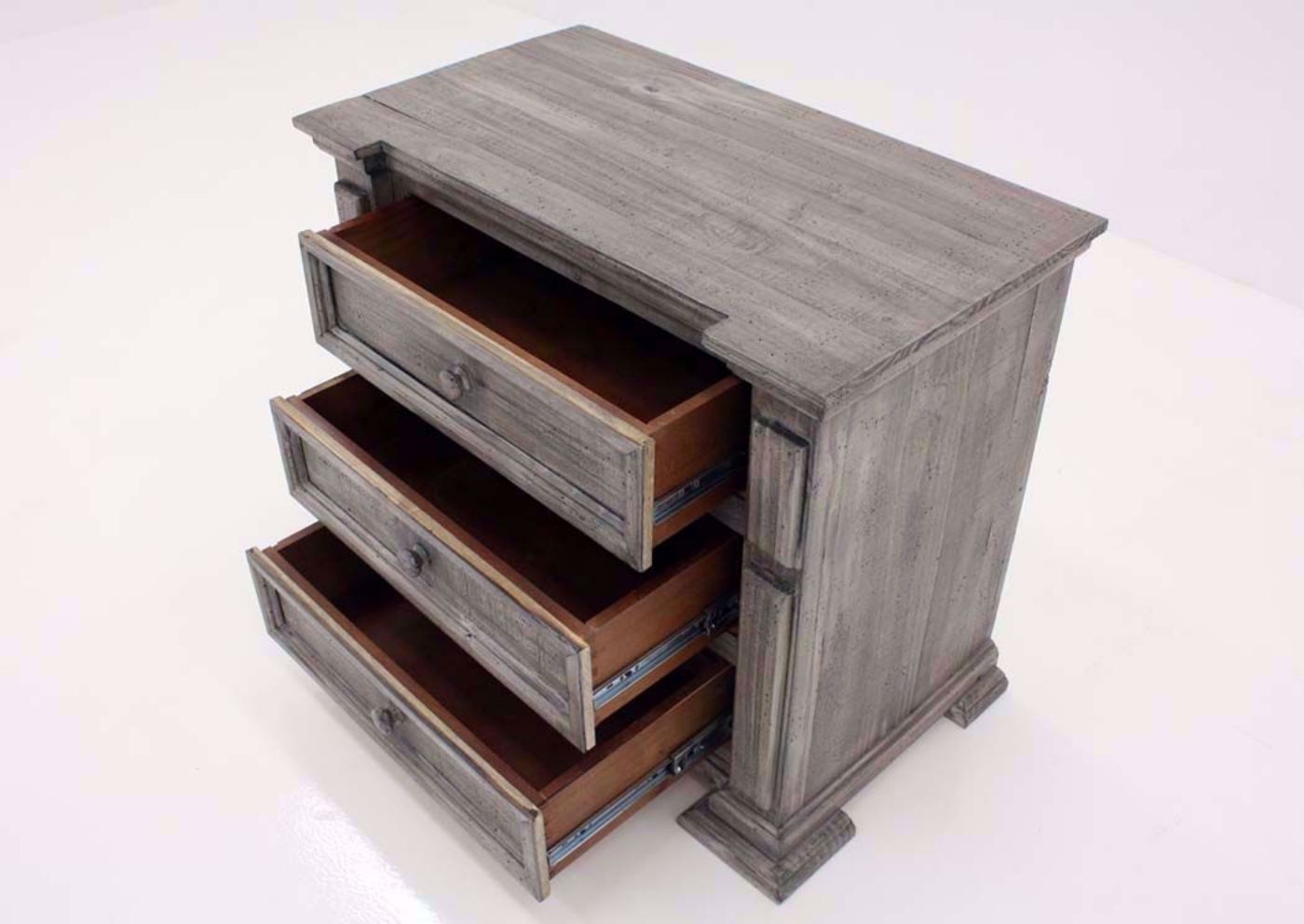 Weathered Gray Maverick Nightstand at an Angle With the Drawers Open | Home Furniture Plus Mattress