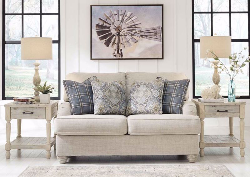 Off White Traemore Loveseat with Accent Pillows by Ashley Furniture, Room View | Home Furniture Plus Bedding
