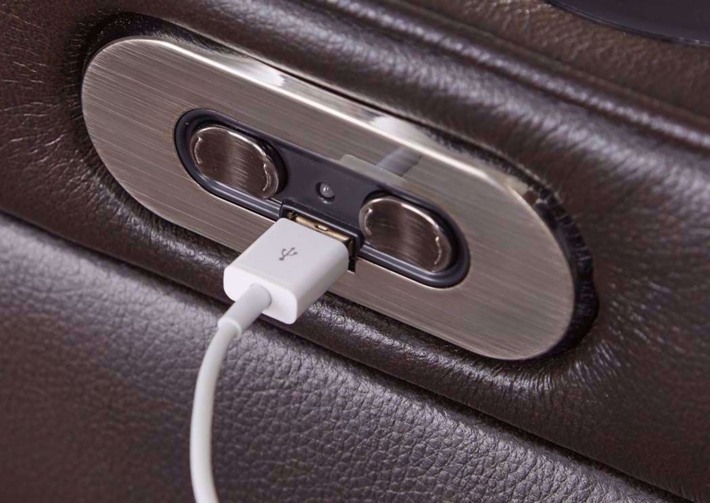 Slightly Angled View Warnerton POWER Reclining Loveseat by Ashley Furniture, Power Buttons and USB Charging Port Detail | Home Furniture Plus Bedding