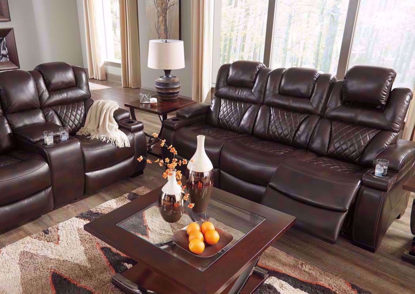Warnerton Power Activated Reclining Sofa Set in Dark Brown  - View of Set in Living Room Setting  | Home Furniture Plus Bedding
