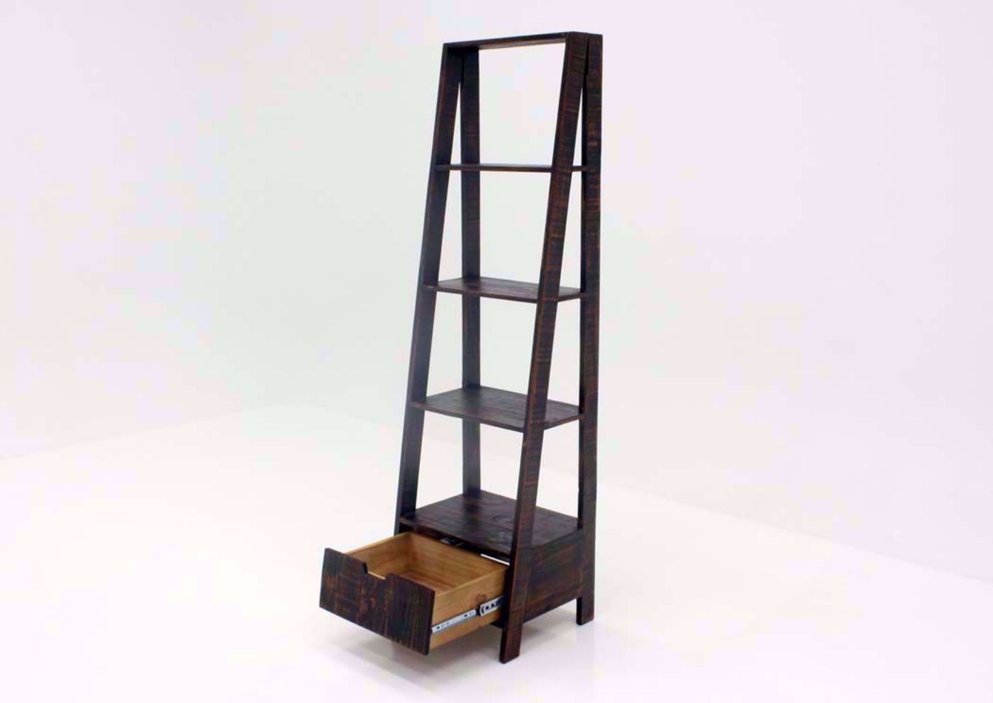 Rustic Dark Brown Ladder Bookcase at an Angle With the Drawer Open | Home Furniture Plus Bedding