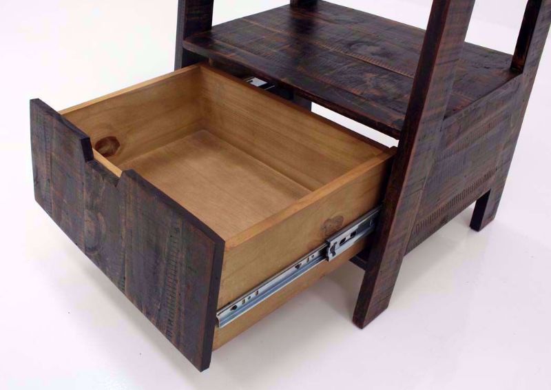 Rustic Dark Brown Ladder Bookcase Showing the Drawer Interior | Home Furniture Plus Bedding