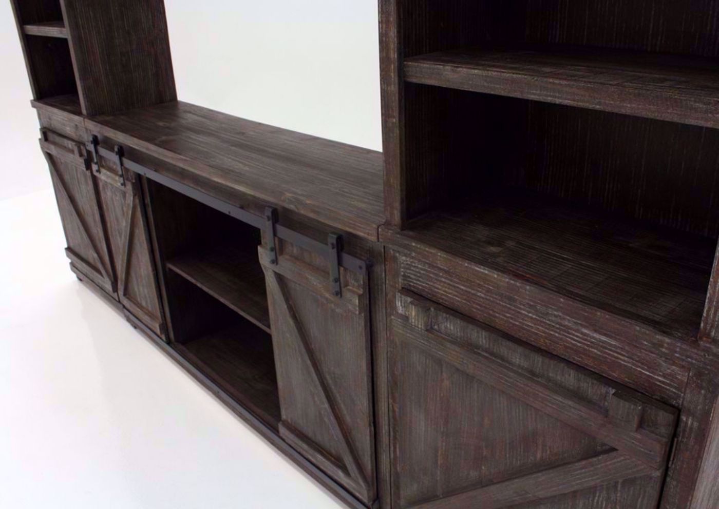 Barnwood Brown Braxton Entertainment Center Showing the Bottom Half Detail | Home Furniture Plus Bedding
