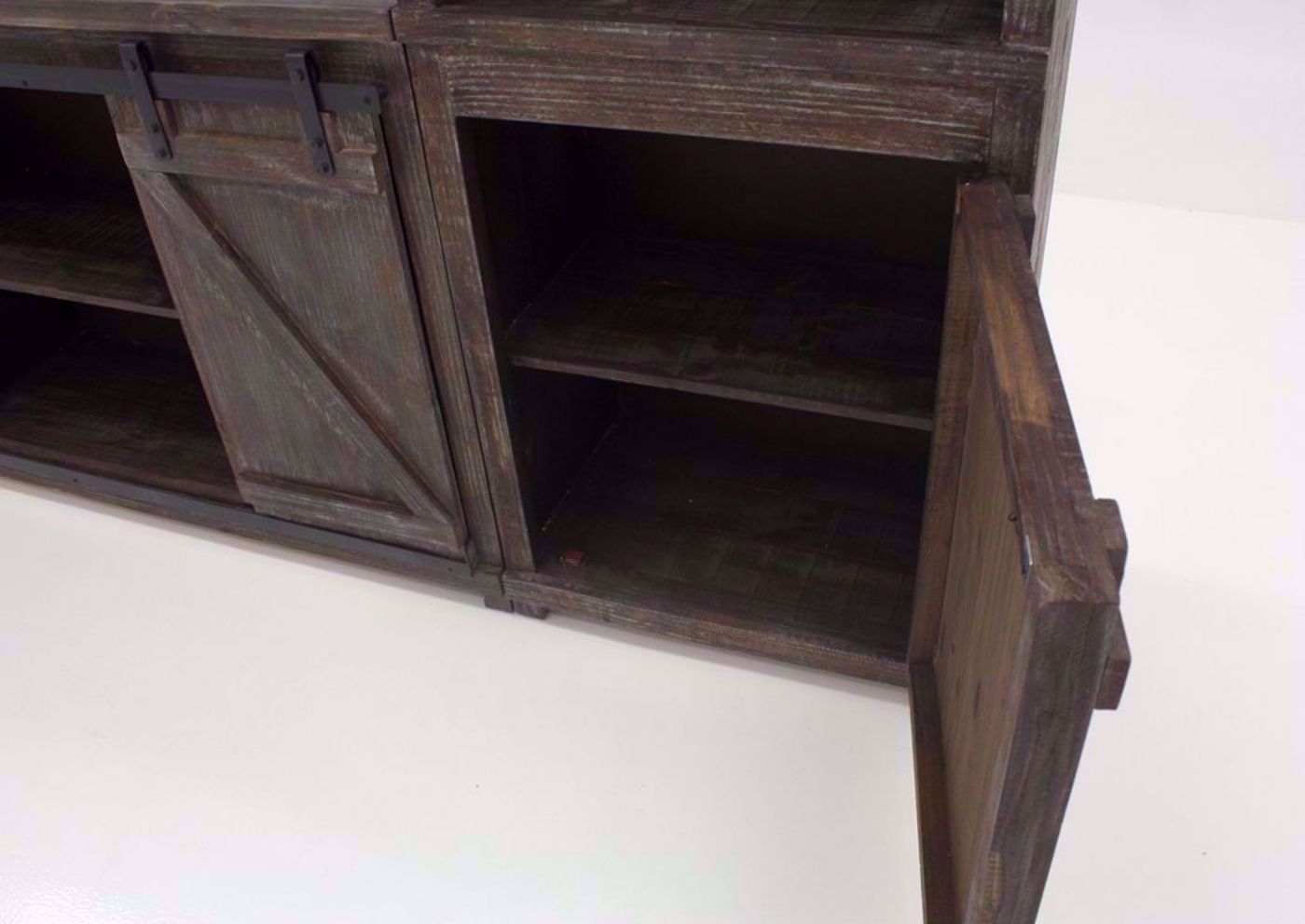 Barnwood Brown Braxton Entertainment Center Showing the Cabinet Interior | Home Furniture Plus Bedding