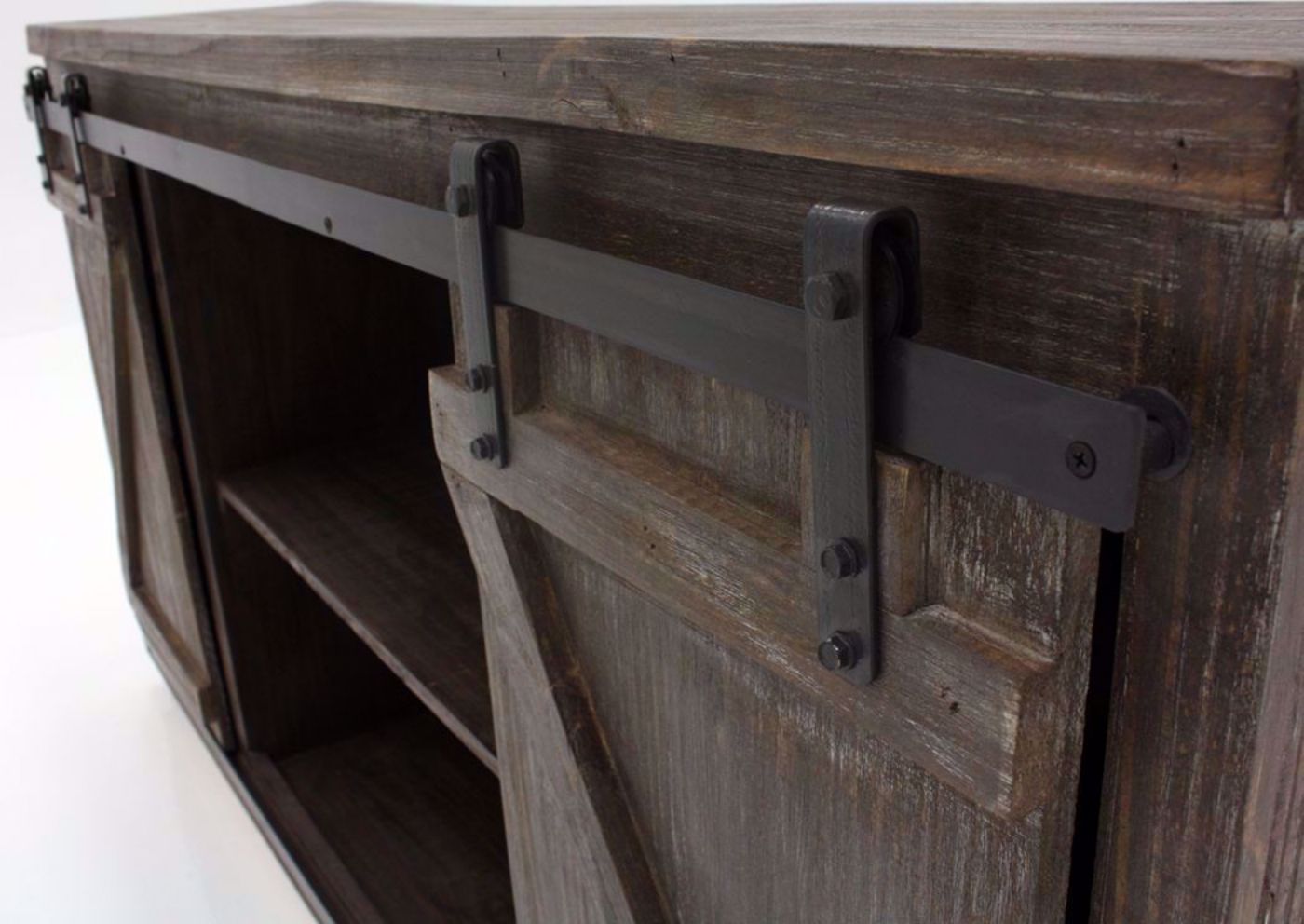 Braxton TV Stand, Barnwood Brown, Barn Door Metal Hardware Detail | Home Furniture Plus Bedding
