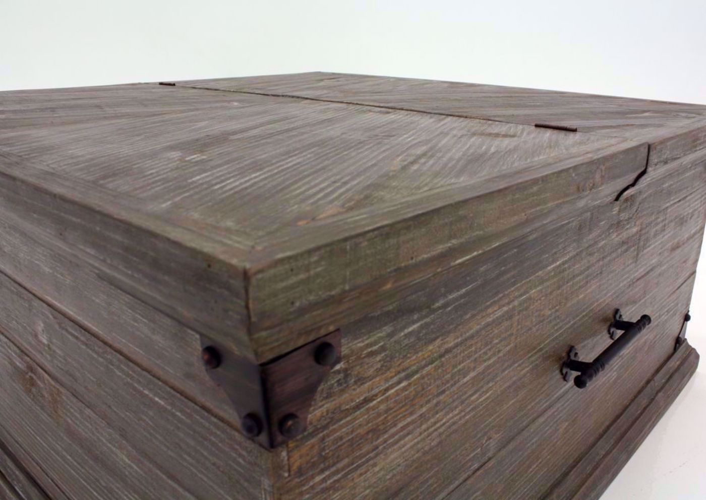 ]Barnwood Brown Carson Storage Coffee Table Top and Side at an Angle | Home Furniture Plus Bedding