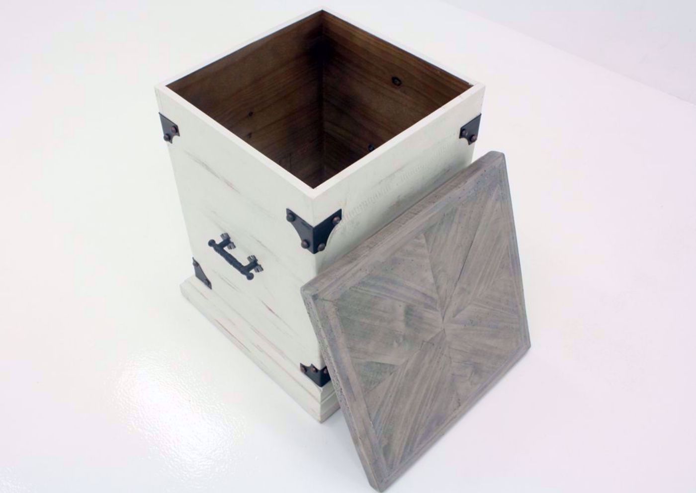White Carson Lift-Top End Table at an Angle With the Top Off Resting on Side | Home Furniture Plus Bedding