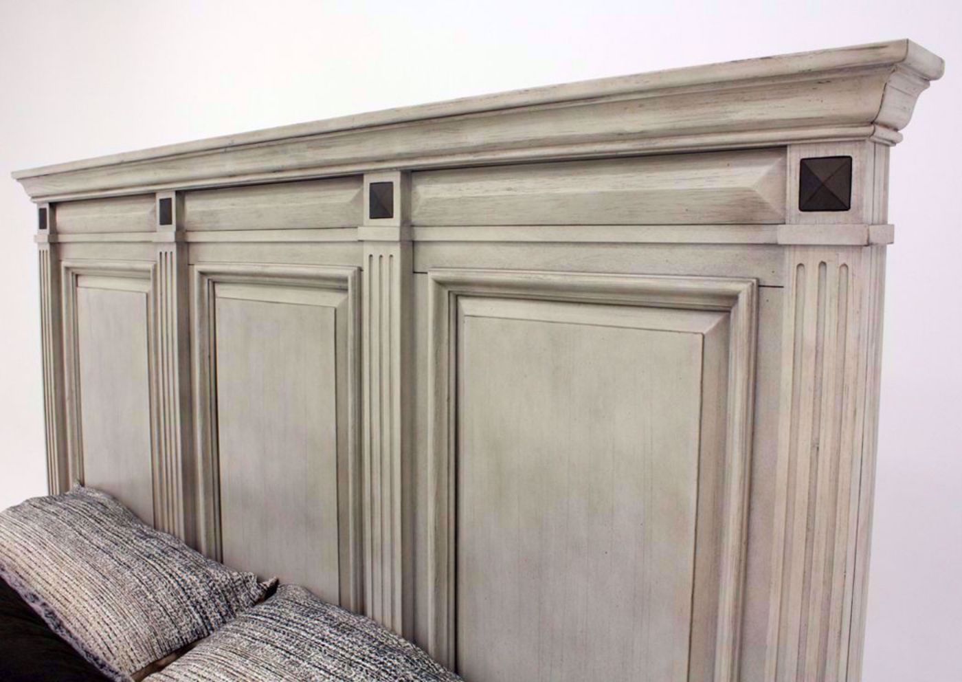 Distressed White Passages King Size Bed Showing the Panel Headboard | Home Furniture Plus Mattress