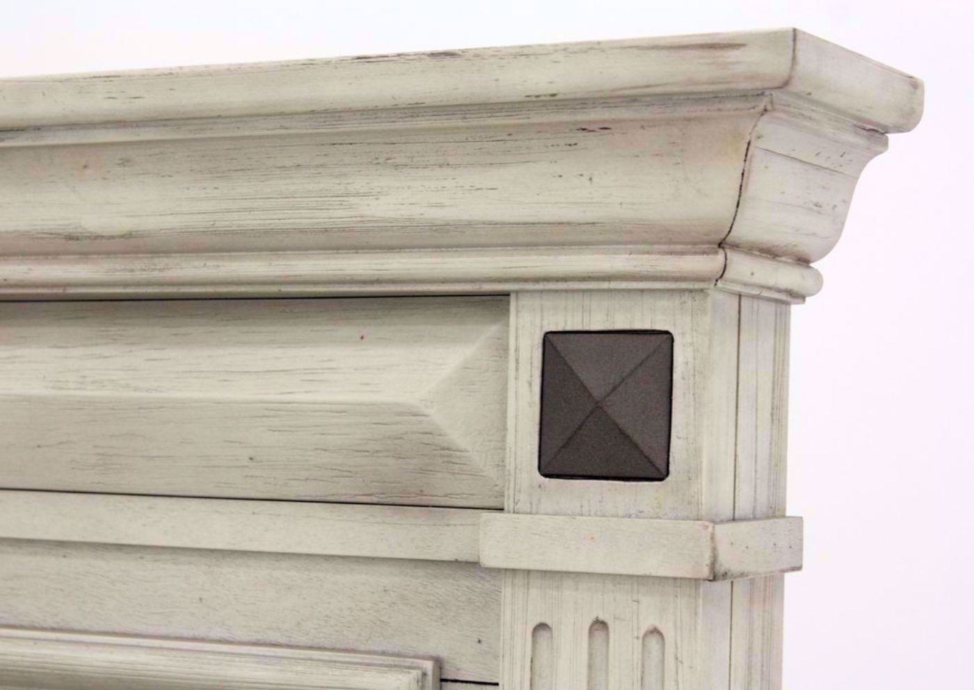 Distressed White Passages King Size Bed Showing the Headboard Carved Detail | Home Furniture Plus Mattress