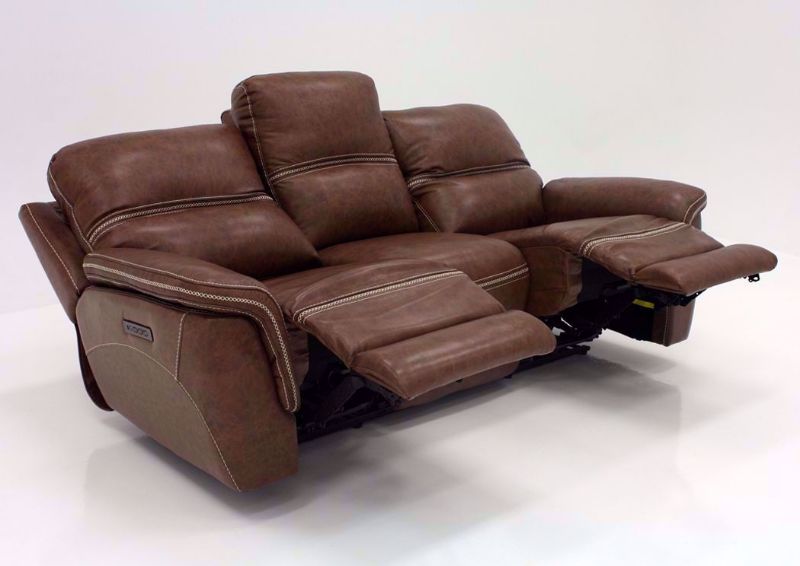 Brown Mason Leather POWER Reclining Sofa at an Angle in the Fully Reclined Position | Home Furniture Plus Mattress