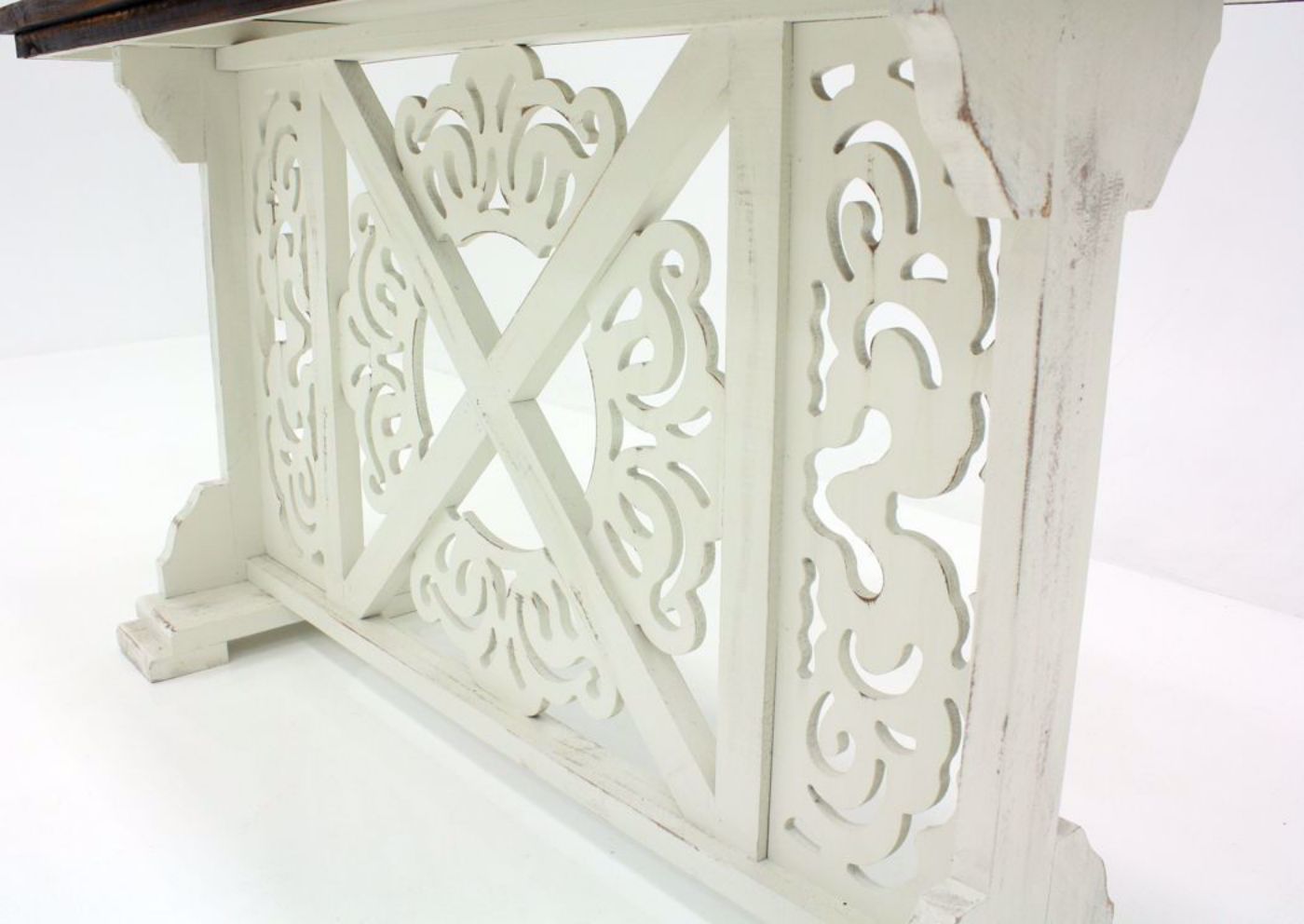 Mandalay Sofa Table, Two-Tone, White and Brown, Decorative Panel Detail | Home Furniture Plus Bedding
