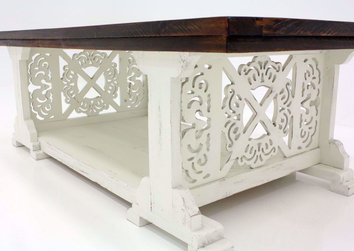 Two-Tone White and Brown Mandalay Coffee Table Showing Lower Decorative Sides | Home Furniture Plus Bedding