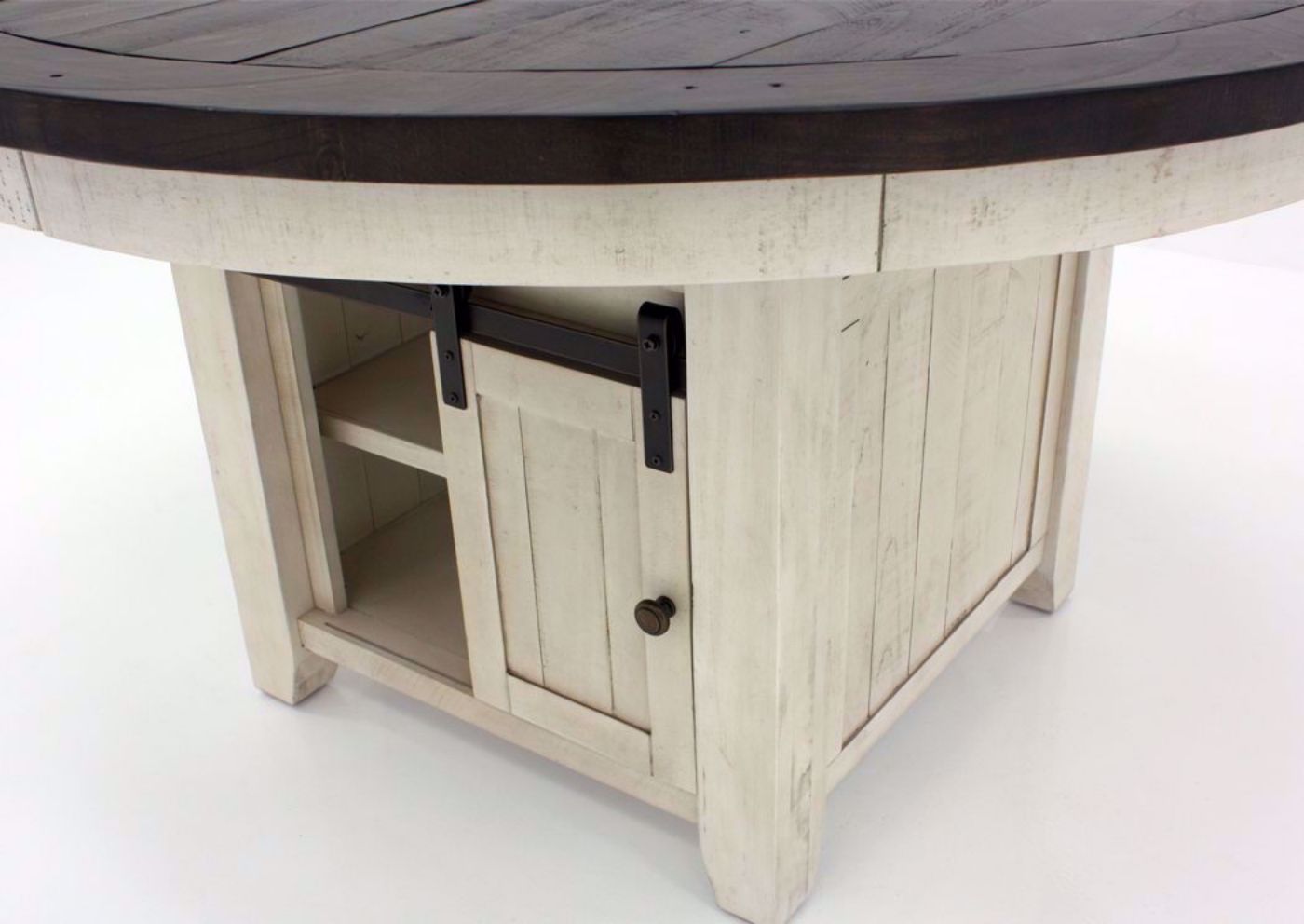 Distressed White Two-Tone Madison County Dining Table Set Showing the Table Showing the Storage Base | Home Furniture Plus Mattress