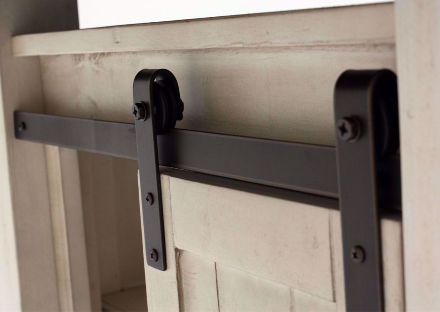 Distressed White Two-Tone Madison County Dining Table Set Showing the Table Showing Metal Barn Style Door Hardware | Home Furniture Plus Mattress