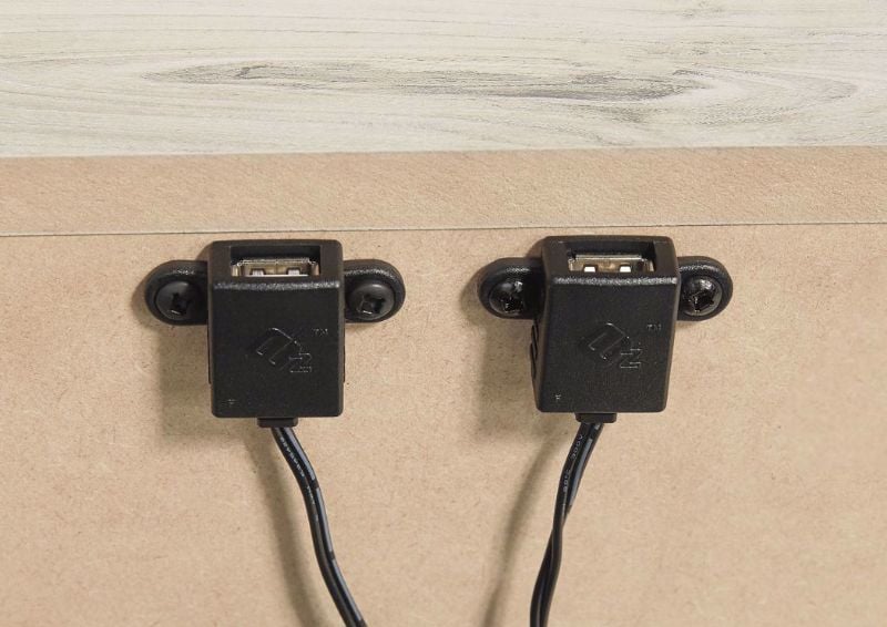 Close Up of the USB Charging Ports on the Rustic White Cambeck Queen Size Bed by Ashley Furniture | Home Furniture Plus Bedding