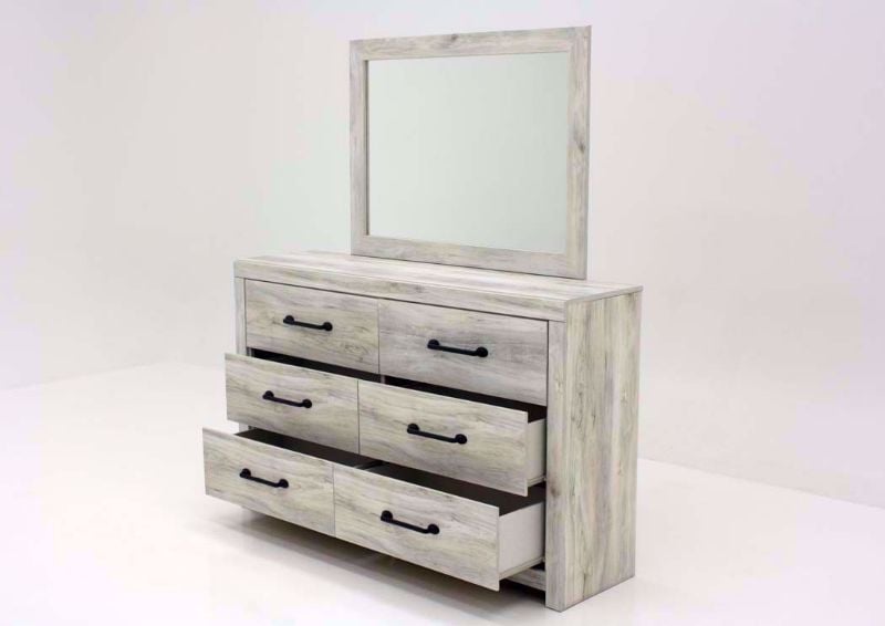 Whitewash White Cambeck Dresser with Mirror by Ashley Furniture at an Angle with the Drawers Open | Home Furniture Plus Mattress