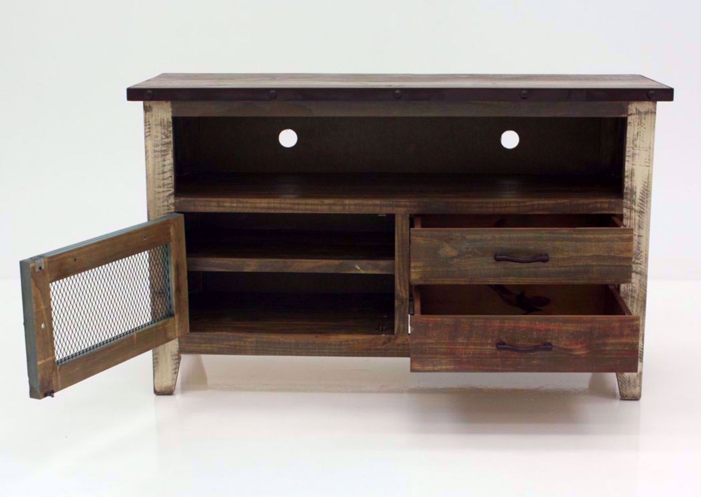 Rustic Multi-Color Amarillo TV Stand 52” Showing the Drawers and Door Open | Home Furniture Plus Mattress