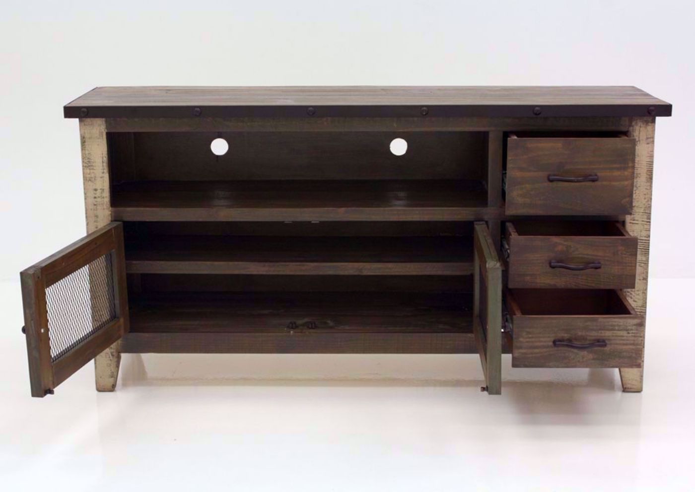 Rustic Multi Color Amarillo TV Stand 62" Facing Front With the Drawers and Doors Open Open | Home Furniture Plus Mattress