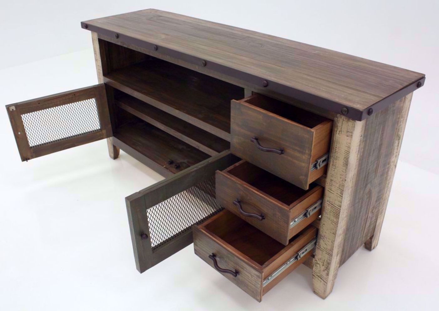 Rustic Multi Color Amarillo TV Stand 62" at an Angle With the Drawers and Doors Open Open | Home Furniture Plus Mattress