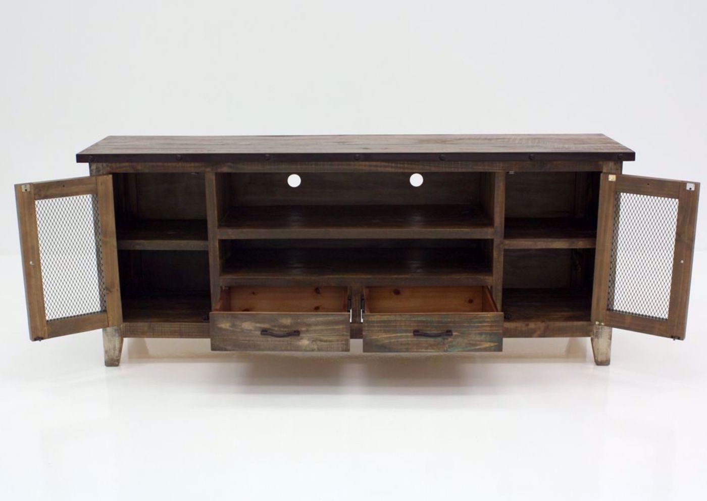 Rustic Multi Color Amarillo TV Stand 76" Facing Front with the Doors and Drawers Open | Home Furniture Plus Mattress