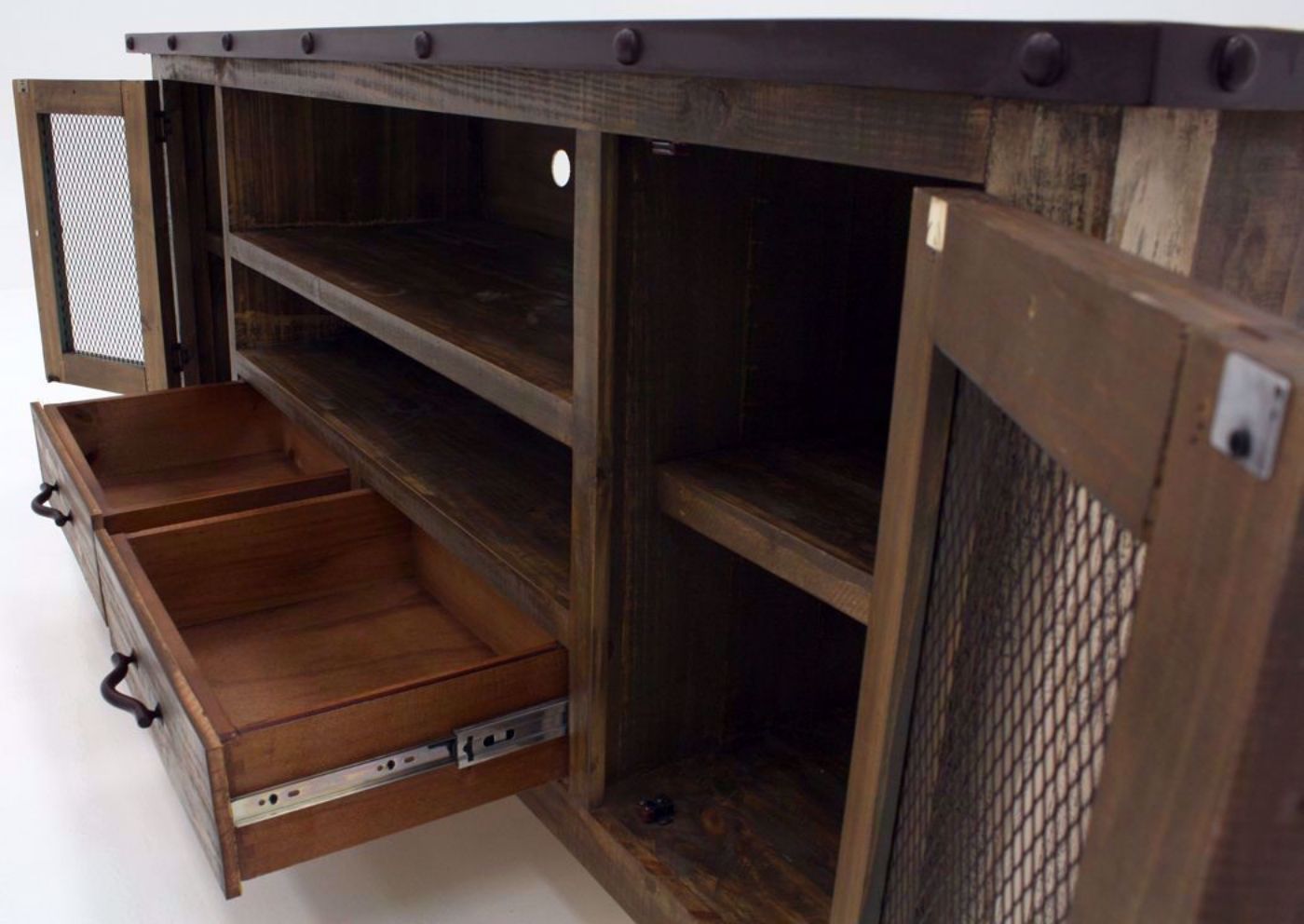 Rustic Multi Color Amarillo TV Stand 76" at a Close Up View with the Doors and Drawers Open | Home Furniture Plus Mattress