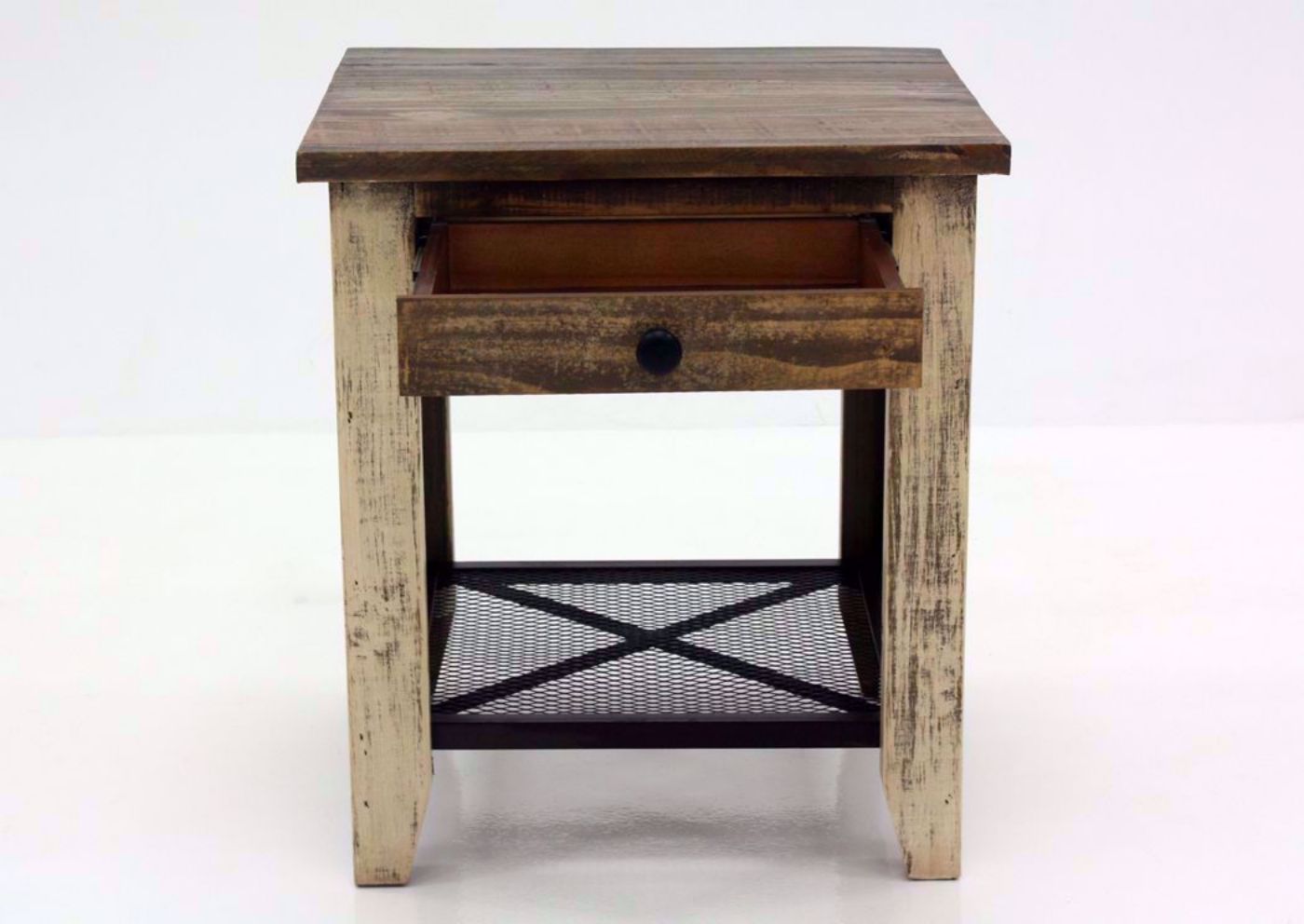 Rustic Multi-Colored Amarillo End Table, Front Facing With the Drawer Open | Home Furniture Plus Mattress