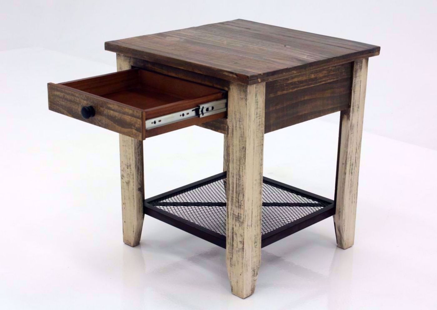 Rustic Multi-Colored Amarillo End Table at an Angle With the Drawer Open | Home Furniture Plus Mattress