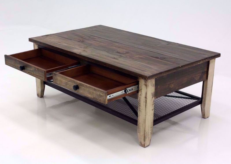 Rustic Multi-Colored Amarillo Coffee Table at an Angle With the Drawers Open | Home Furniture Plus Mattress