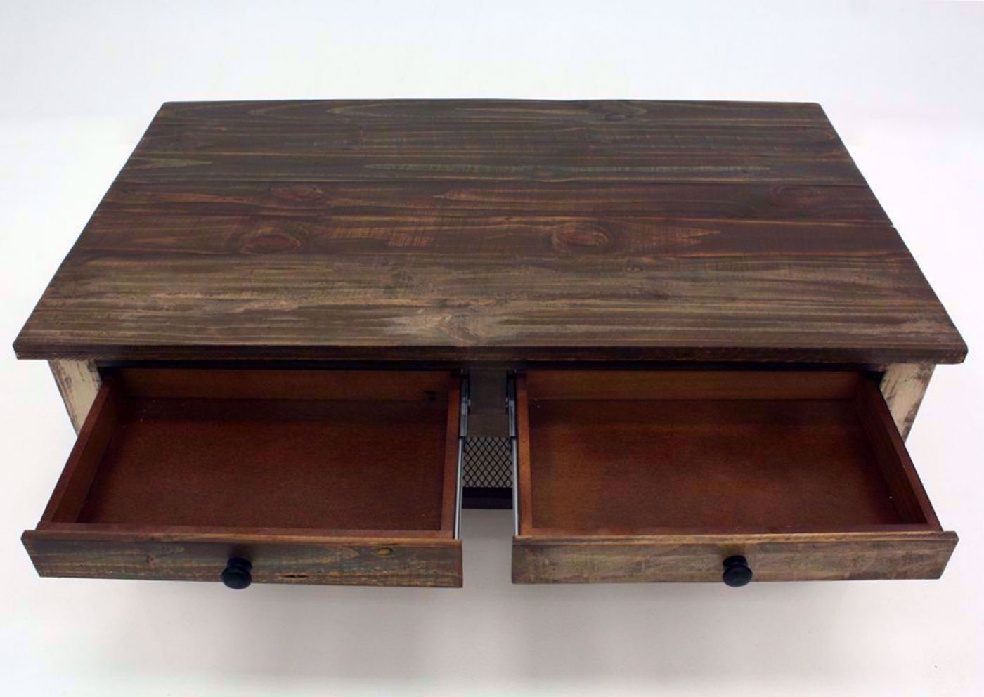 Rustic Multi-Colored Amarillo Coffee Table, Rustic Showing theTop View With the Drawers Open | Home Furniture Plus Mattress