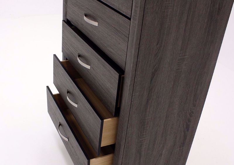 Distressed Brown Ackerson Chest of Drawers at an Angle with the Drawers Open | Home Furniture Plus Mattress