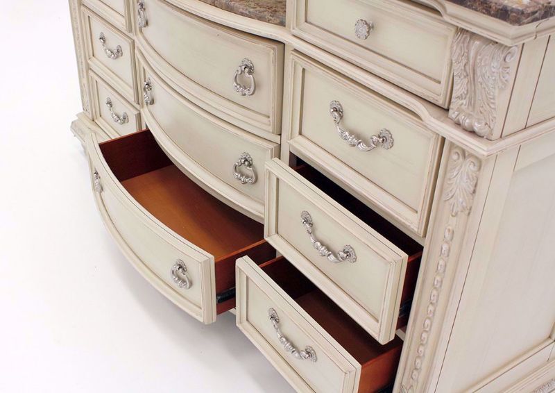 Antique White Stanley Dresser with Mirror Showing the Cedar Lined Bottom Drawer Interior | Home Furniture Plus Mattress