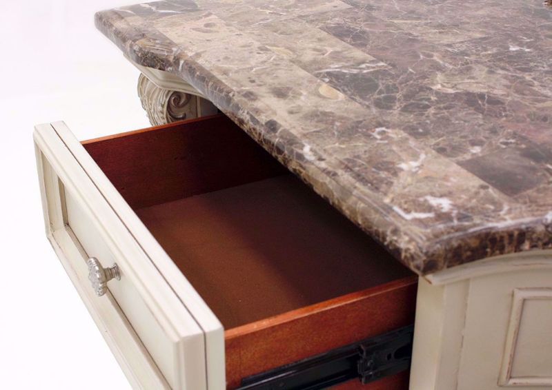 Antique White Stanley Dresser with Mirror Showing the Felt Lined Top Drawer Interior | Home Furniture Plus Mattress