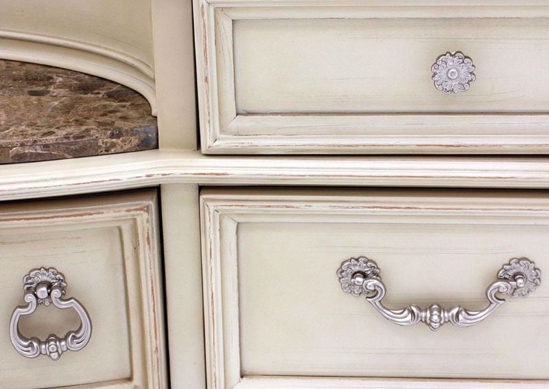 Antique White Stanley Dresser with Mirror Showing the Front Drawer Pull Details | Home Furniture Plus Mattress