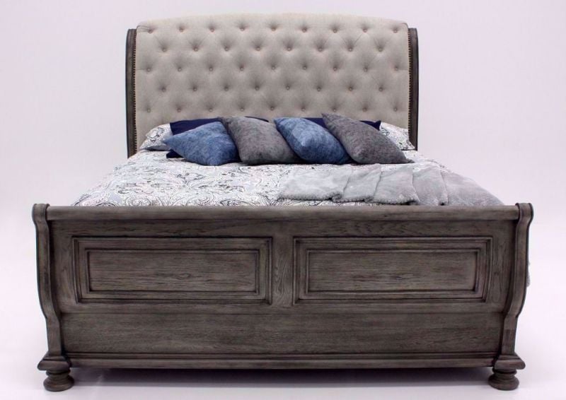 Gray Pecan Lake Way Upholstered Queen Size Bed Facing Front | Home Furniture Plus Mattress
