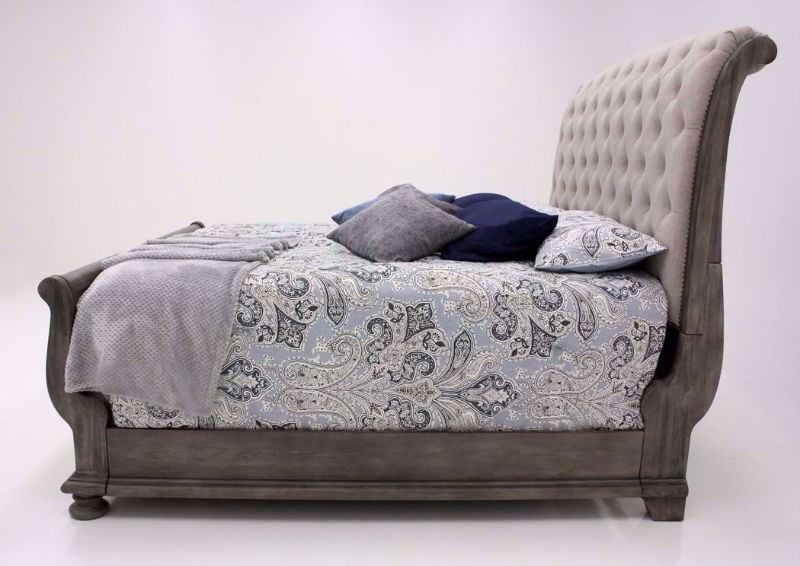Gray Pecan Lake Way Upholstered Queen Size Bed Showing the Side View | Home Furniture Plus Mattress
