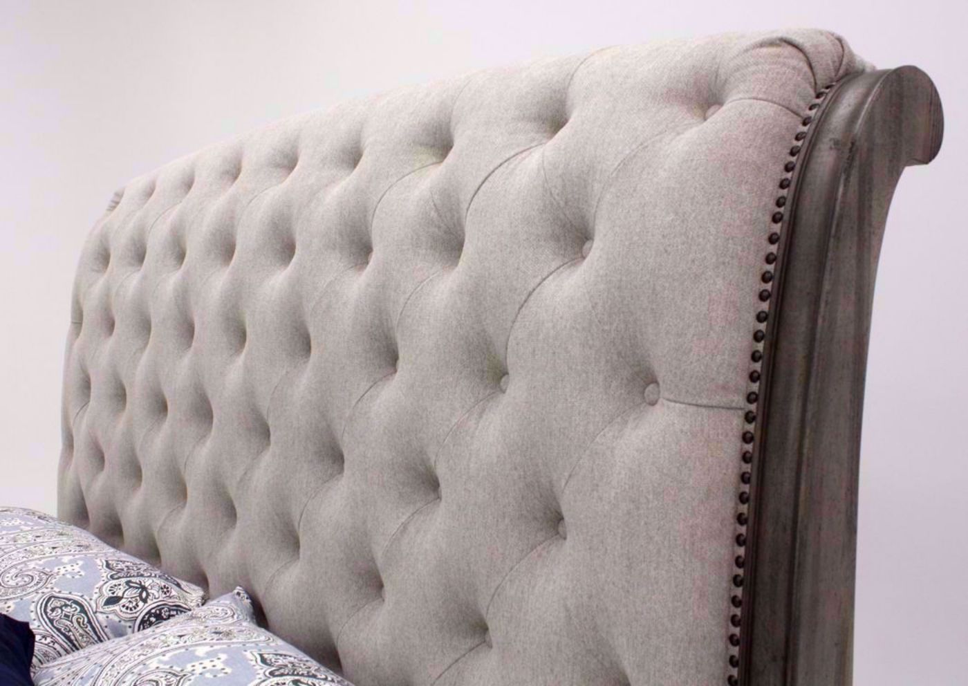 Gray Pecan Lake Way Upholstered King Size Bed Showing the Button Tufted Upholstered Sleigh Style Headboard | Home Furniture Plus Mattress
