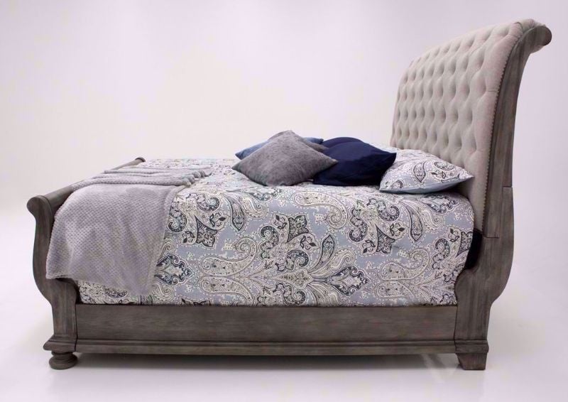 Gray Pecan Lake Way Upholstered King Size Bed Showing the Side View | Home Furniture Plus Mattress