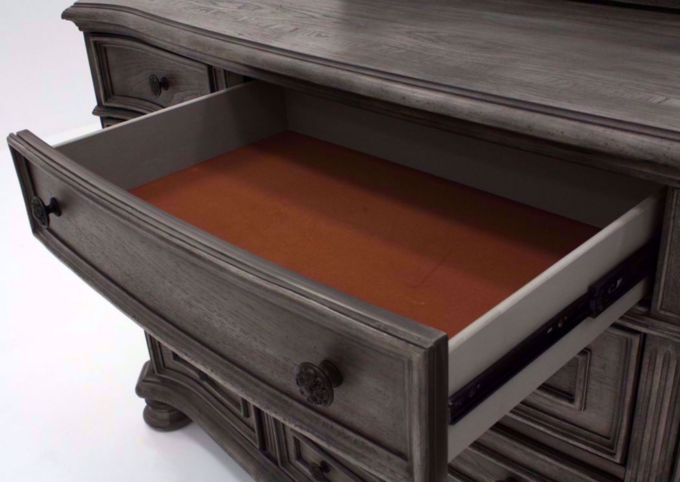 Gray Pecan Lake Way Dresser with Mirror Showing the Felt Lined Top Drawer Interior | Home Furniture Plus Mattress
