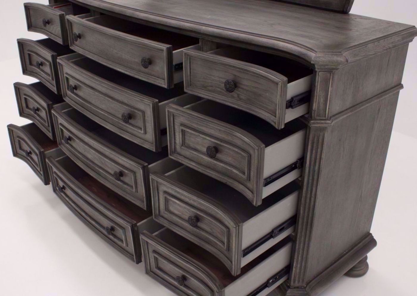 Gray Pecan Lake Way Dresser with Mirror Showing the Drawers Open | Home Furniture Plus Mattress