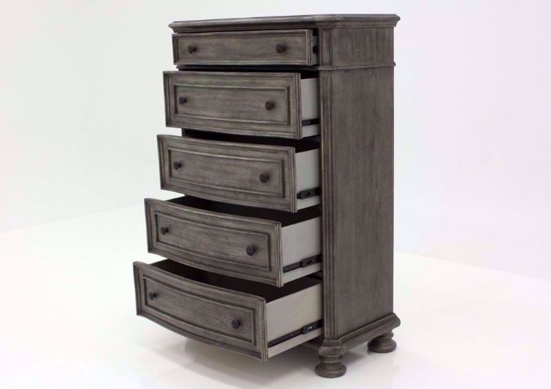 Gray Pecan Lake Way Chest of Drawers at an Angle With the Drawers Open | Home Furniture Plus Mattress
