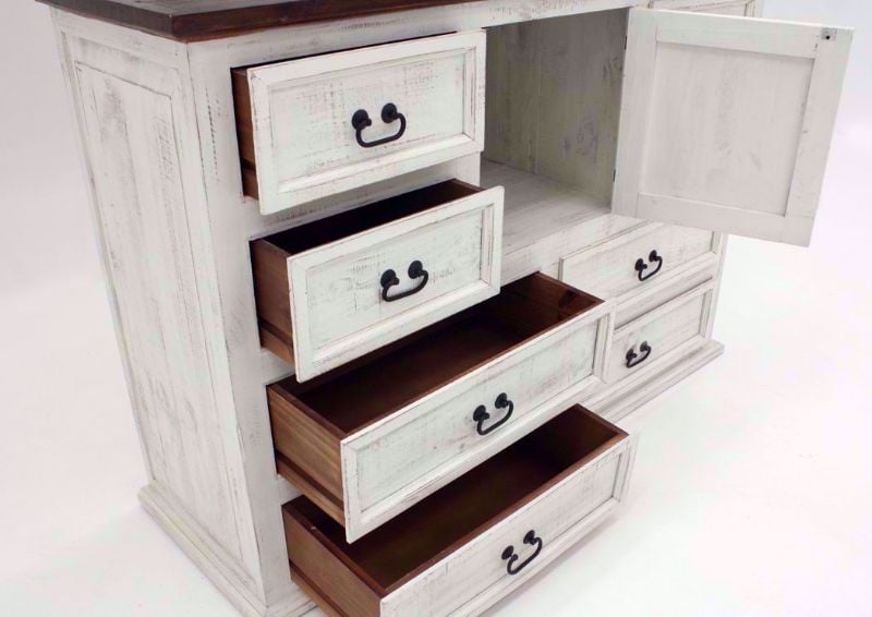Rustic White Mansion Dresser with Mirror at an Angle with the Cabinet and Drawers Open | Home Furniture Plus Mattress