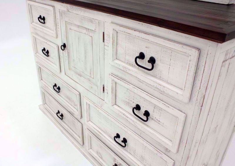 Rustic White Mansion Dresser with Mirror at an Angle Showing the Cabinet Drawer Fronts | Home Furniture Plus Mattress
