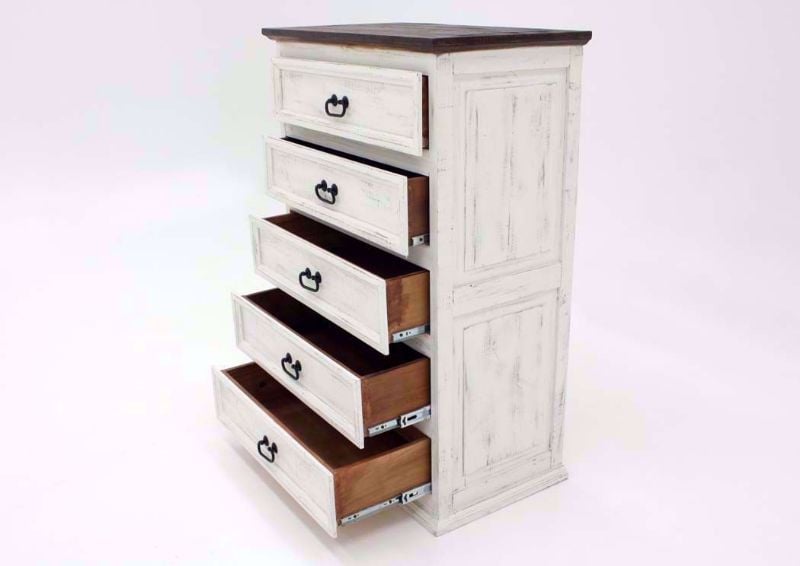 Rustic White Mansion 5 Drawer Bedroom Chest at an Angle With the Drawers Open | Home Furniture Plus Mattress