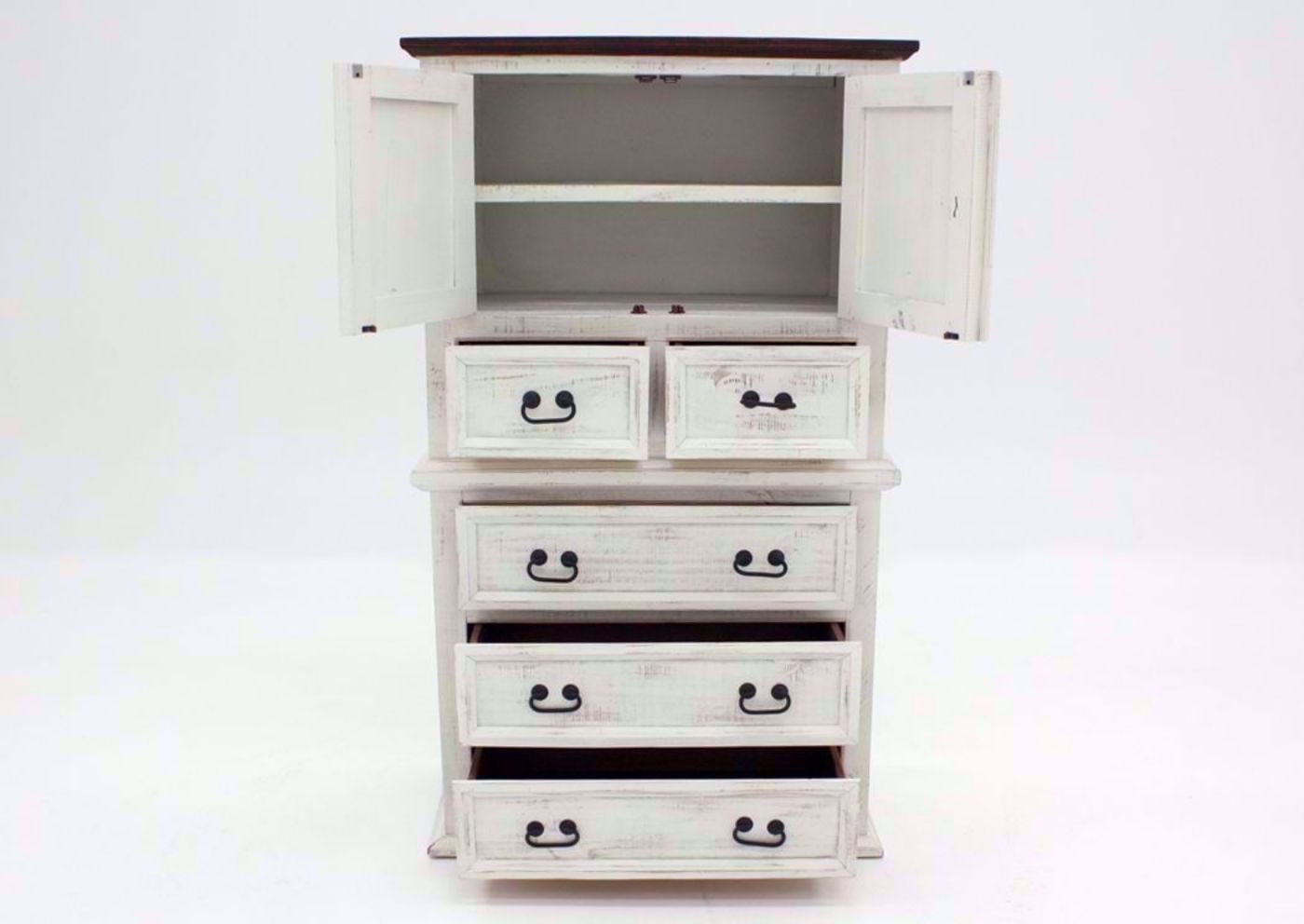 Rustic White Mansion Door Chest of Drawers, Front Facing with Cabinet and Drawers Open | Home Furniture Plus Mattress
