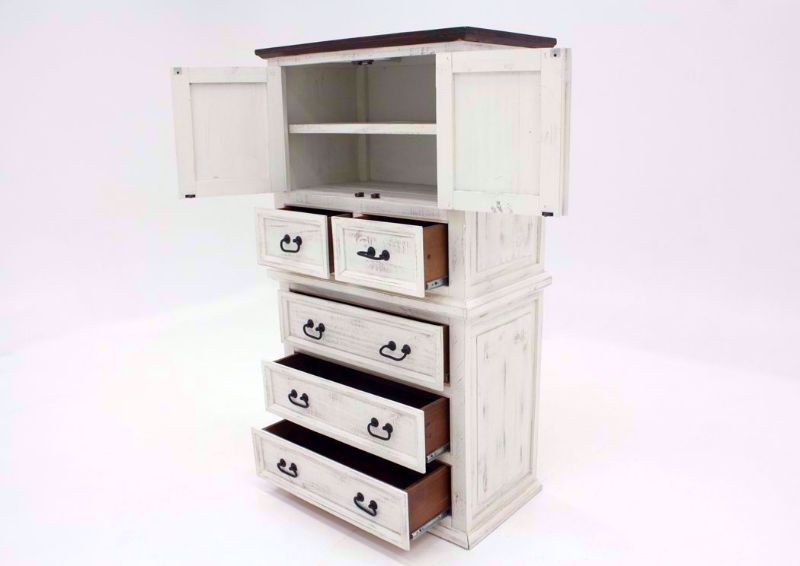 Rustic White Mansion Door Chest of Drawers at an Angle with Cabinet and Drawers Open | Home Furniture Plus Mattress