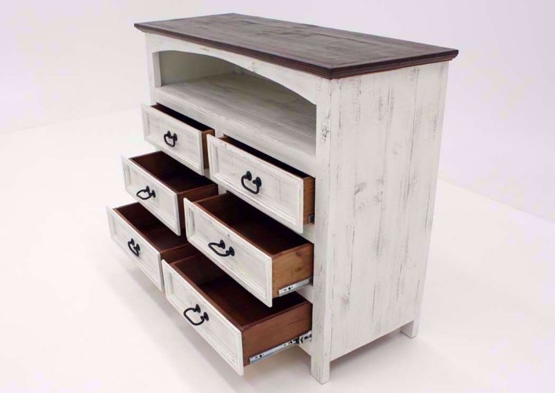 Rustic White Mansion TV or Media Chest of Drawers at an Angle with the Drawers Open | Home Furniture Plus Mattress